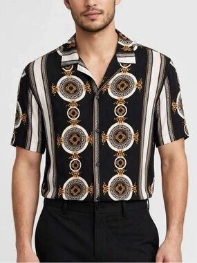 Casa Moda Couture Short‑Sleeve Button Shirt – Baroque Print – summer vacay shirt
